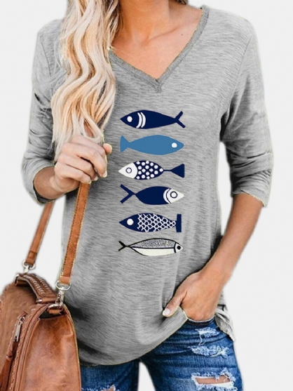 Blusas De Dibujos Animados De Manga Larga Con Cuello En V Y Estampado De Peces Para Mujer