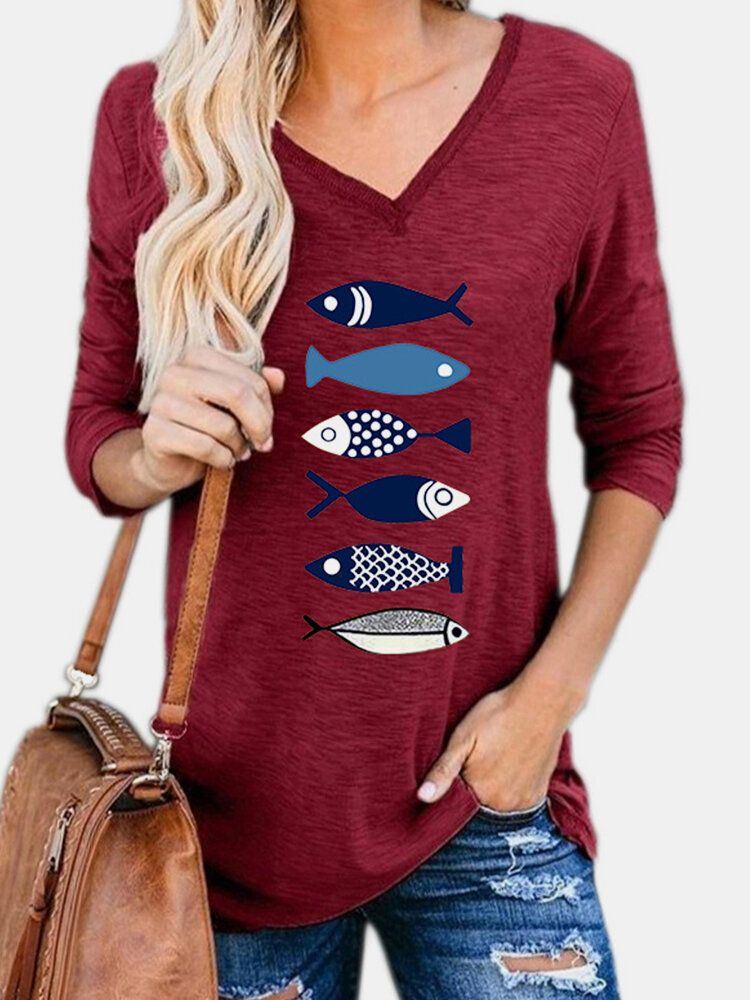 Blusas De Dibujos Animados De Manga Larga Con Cuello En V Y Estampado De Peces Para Mujer