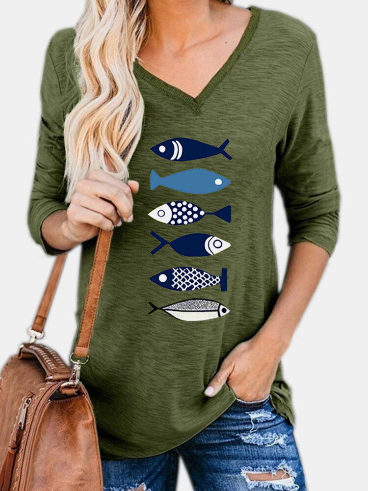 Blusas De Dibujos Animados De Manga Larga Con Cuello En V Y Estampado De Peces Para Mujer