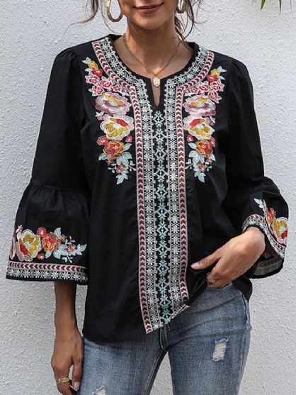 Blusas De Manga 3/4 Con Volantes De Estilo Étnico Con Cuello De Muesca Y Bordado Floral Para Mujer