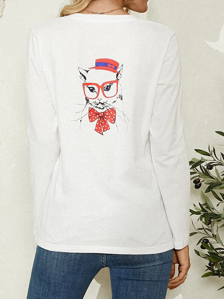 Blusas De Manga Larga Casuales Con Cuello Redondo Y Estampado De Gato De Dibujos Animados Para Mujer