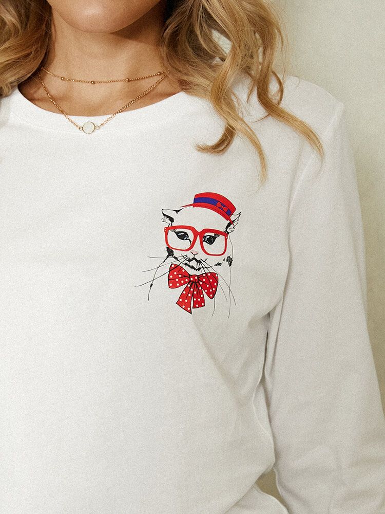 Blusas De Manga Larga Casuales Con Cuello Redondo Y Estampado De Gato De Dibujos Animados Para Mujer