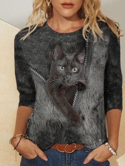 Blusas De Manga Larga Casuales Con Cuello Redondo Y Estampado De Gato Negro Lindo Para Mujer