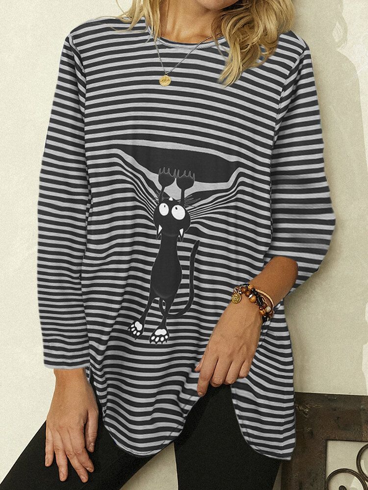 Blusas De Manga Larga Casuales Con Dobladillo Irregular Con Estampado De Rayas De Gato Negro Lindo Para Mujer