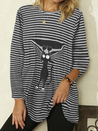 Blusas De Manga Larga Casuales Con Dobladillo Irregular Con Estampado De Rayas De Gato Negro Lindo Para Mujer