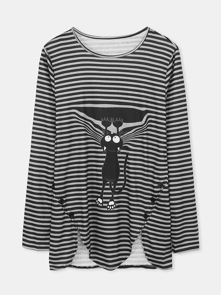 Blusas De Manga Larga Casuales Con Dobladillo Irregular Con Estampado De Rayas De Gato Negro Lindo Para Mujer