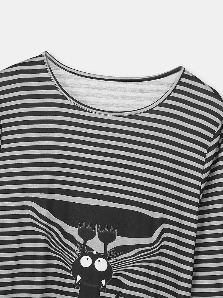 Blusas De Manga Larga Casuales Con Dobladillo Irregular Con Estampado De Rayas De Gato Negro Lindo Para Mujer