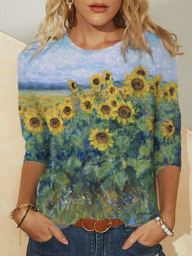 Blusas De Manga Larga Con Cuello Redondo Y Estampado De Girasol Para Mujer