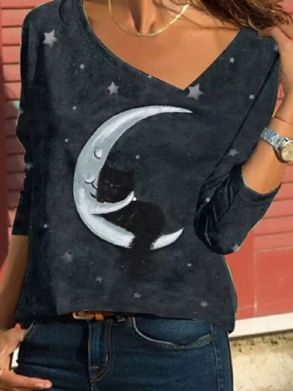 Blusas De Manga Larga Informales Con Cuello Asimétrico Con Estampado De Cielo Estrellado De Gato De Dibujos Animados Para Mujer