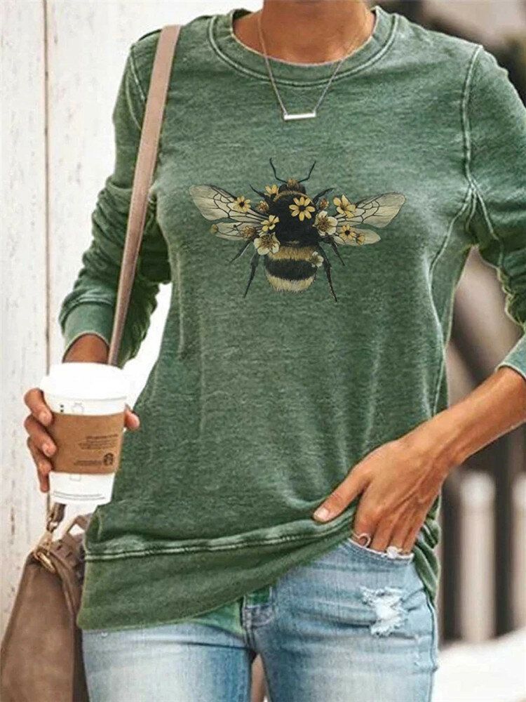 Blusas De Manga Larga Informales Con Cuello Redondo Y Estampado De Abejas Grandes Para Mujer