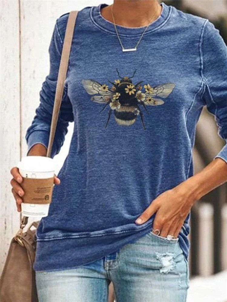 Blusas De Manga Larga Informales Con Cuello Redondo Y Estampado De Abejas Grandes Para Mujer