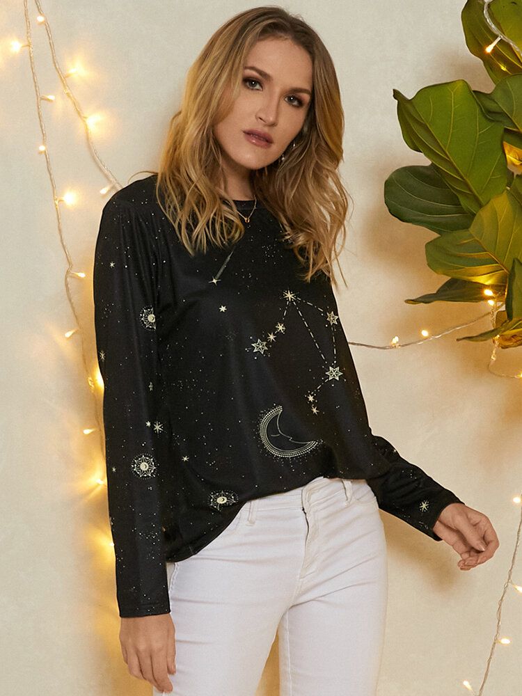 Blusas De Manga Larga Informales Con Cuello Redondo Y Estampado Celestial De Libra Para Mujer