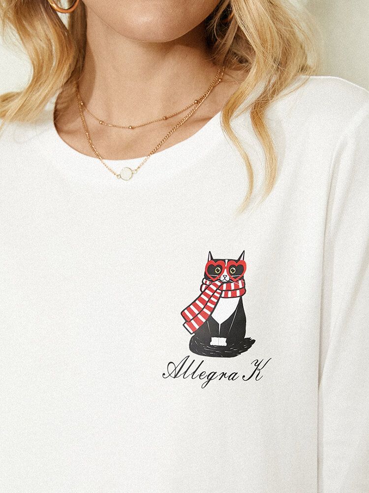 Blusas De Manga Larga Informales Con Cuello Redondo Y Estampado De Letras De Gato De Dibujos Animados Para Mujer