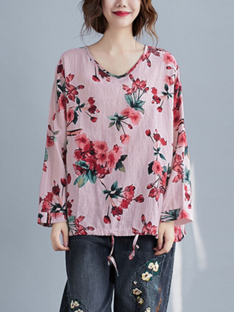 Blusas De Manga Larga Informales Con Dobladillo Con Cordón Y Cuello En V Con Estampado Floral Para Mujer