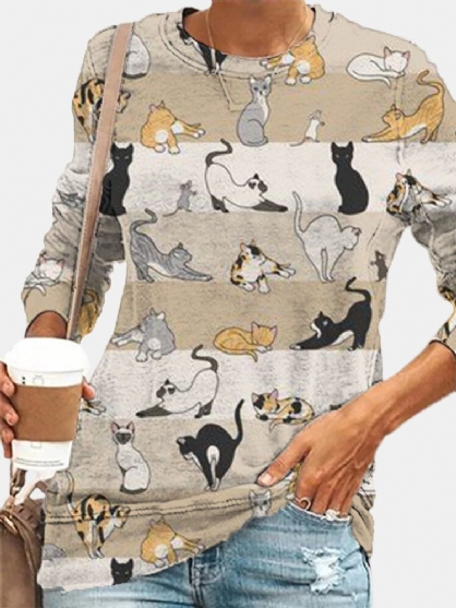 Blusas De Manga Larga Informales Con Estampado De Gatos De Dibujos Animados Para Mujer