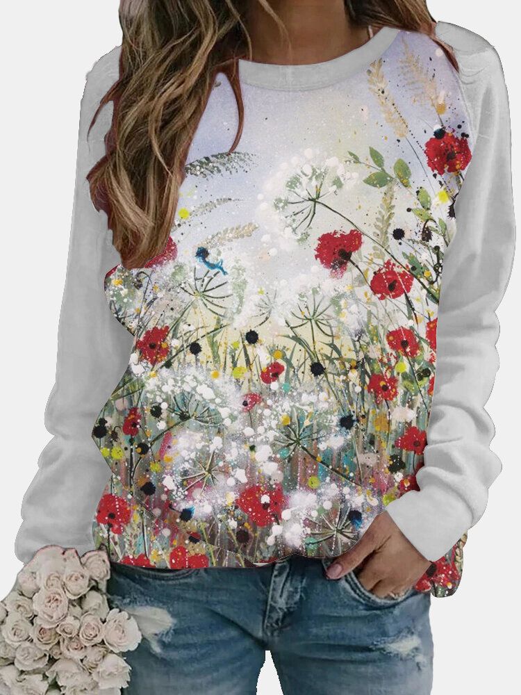 Blusas De Manga Larga Informales Con Estampado De Ilustración De Arte Floral Para Mujer