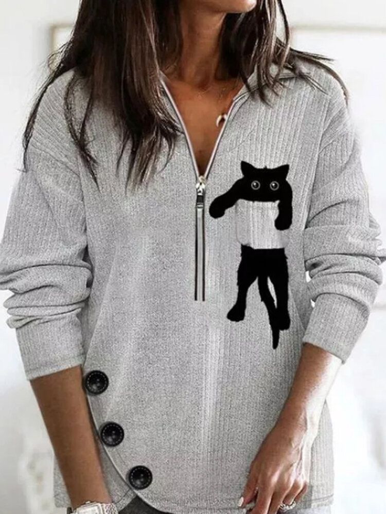 Blusas De Manga Larga Informales Con Media Cremallera Y Estampado De Gato Lindo Para Mujer