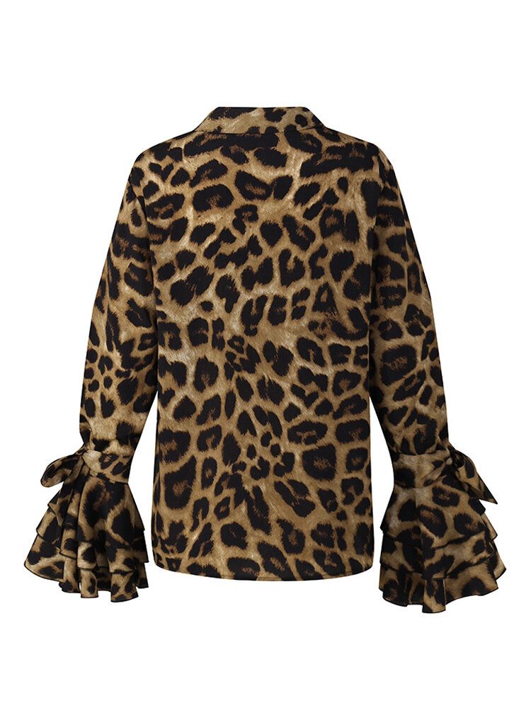 Blusas De Manga Larga Informales Con Solapa Y Volantes Con Estampado De Leopardo Para Mujer