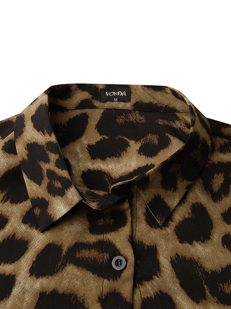 Blusas De Manga Larga Informales Con Solapa Y Volantes Con Estampado De Leopardo Para Mujer