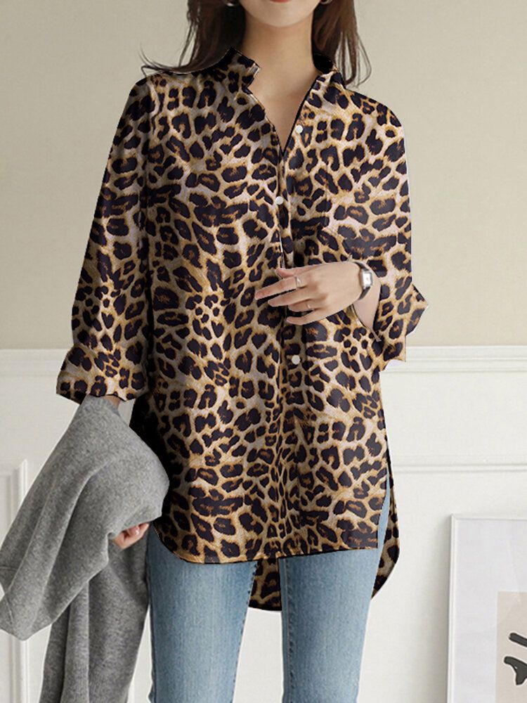 Blusas De Manga Larga Sueltas Con Dobladillo Dividido Alto Y Bajo Con Solapa De Leopardo Para Mujer