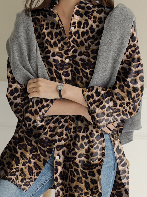 Blusas De Manga Larga Sueltas Con Dobladillo Dividido Alto Y Bajo Con Solapa De Leopardo Para Mujer