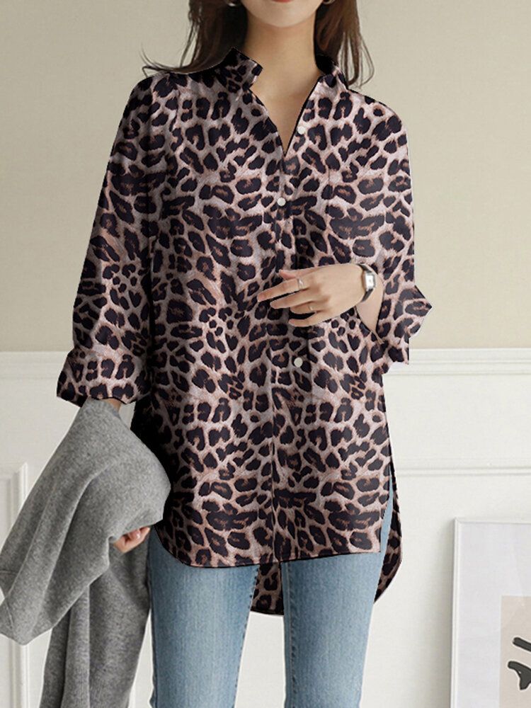 Blusas De Manga Larga Sueltas Con Dobladillo Dividido Alto Y Bajo Con Solapa De Leopardo Para Mujer