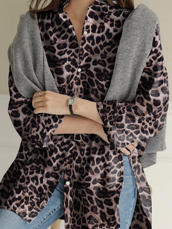 Blusas De Manga Larga Sueltas Con Dobladillo Dividido Alto Y Bajo Con Solapa De Leopardo Para Mujer