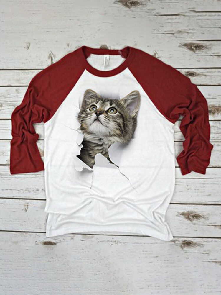 Blusas De Manga Raglán Casual Con Cuello Redondo Y Estampado De Gato Lindo Para Mujer