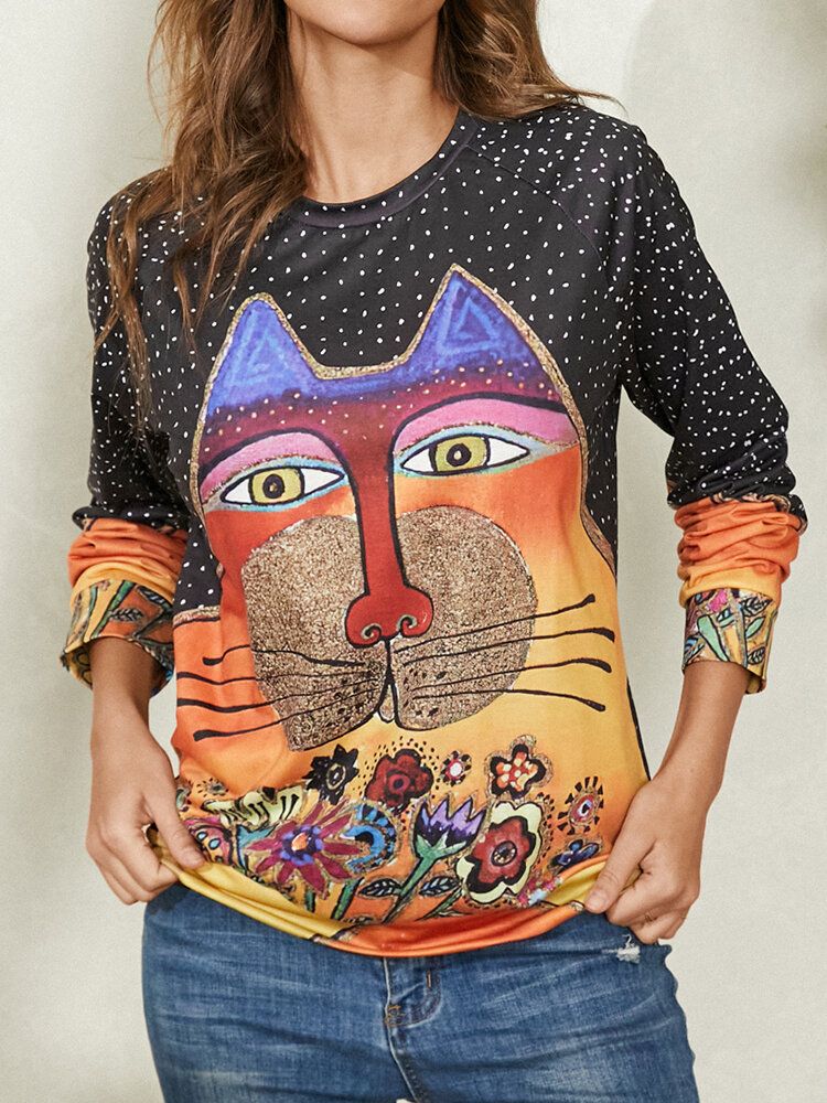 Blusas De Manga Raglán Informal Con Cuello Redondo Y Estampado De Puntos De Gato De Dibujos Animados Para Mujer