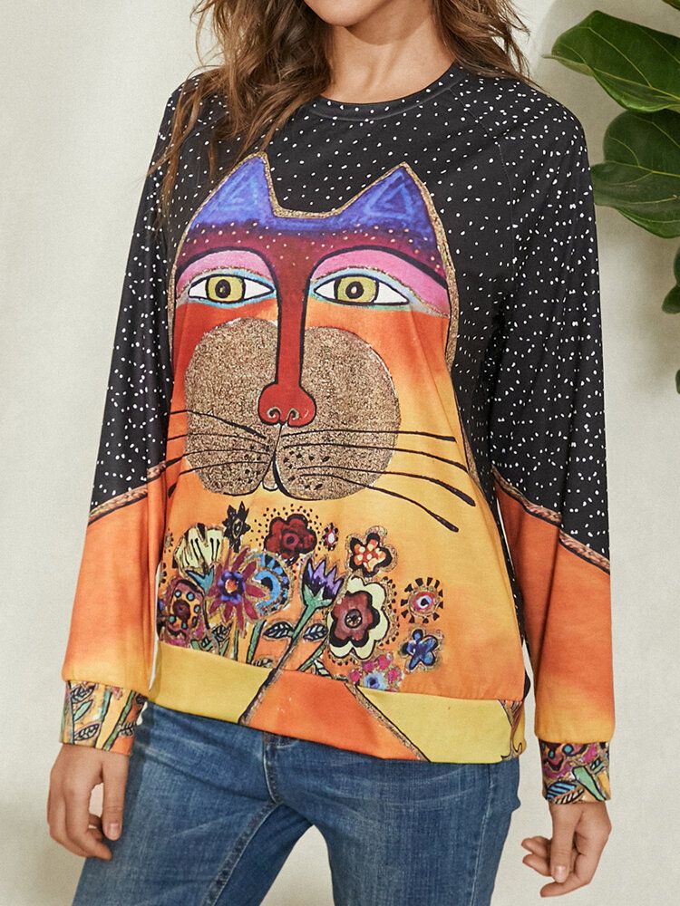 Blusas De Manga Raglán Informal Con Cuello Redondo Y Estampado De Puntos De Gato De Dibujos Animados Para Mujer