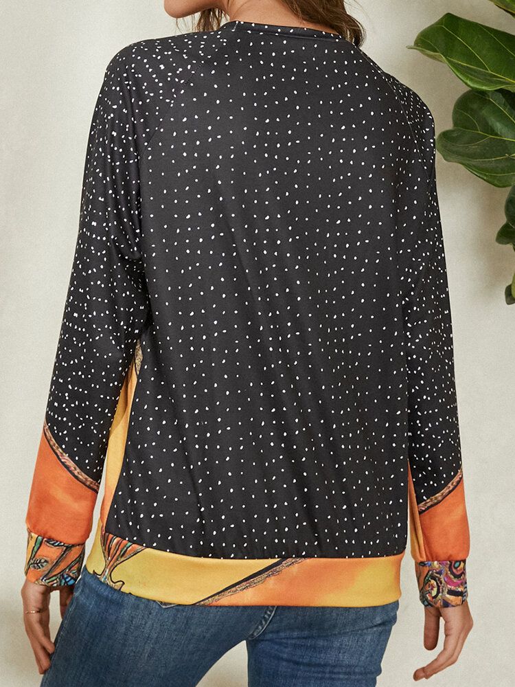 Blusas De Manga Raglán Informal Con Cuello Redondo Y Estampado De Puntos De Gato De Dibujos Animados Para Mujer