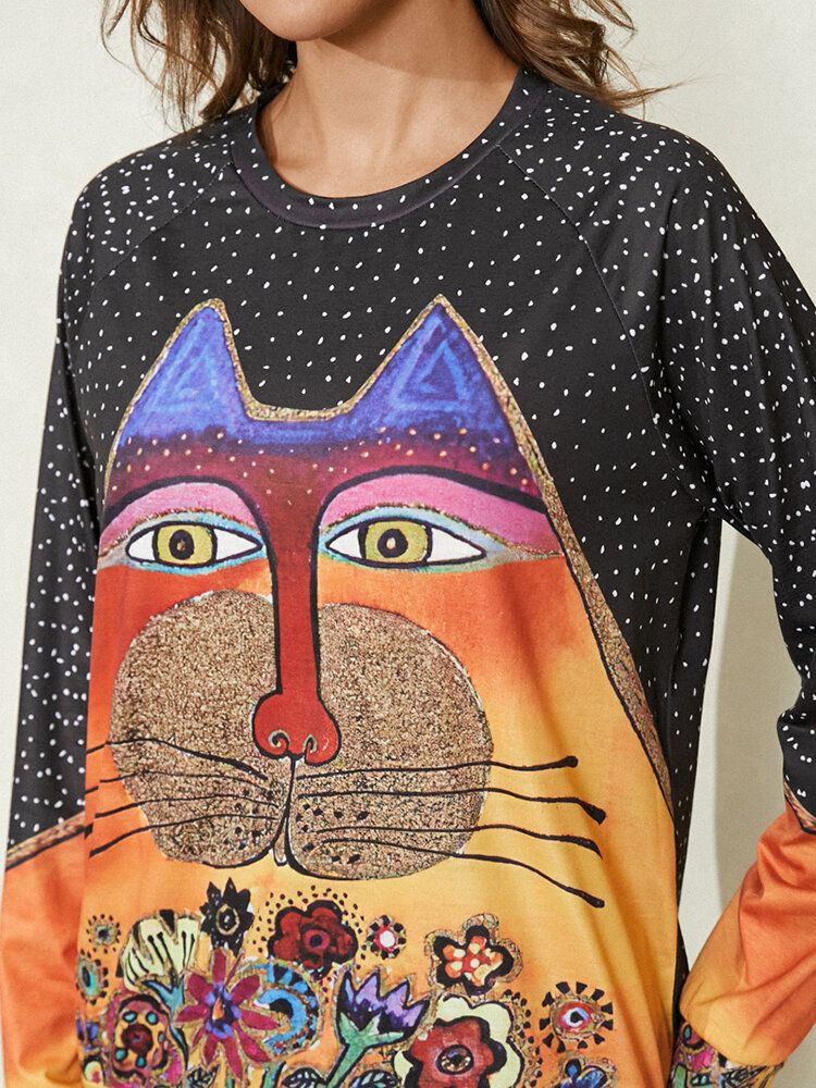 Blusas De Manga Raglán Informal Con Cuello Redondo Y Estampado De Puntos De Gato De Dibujos Animados Para Mujer