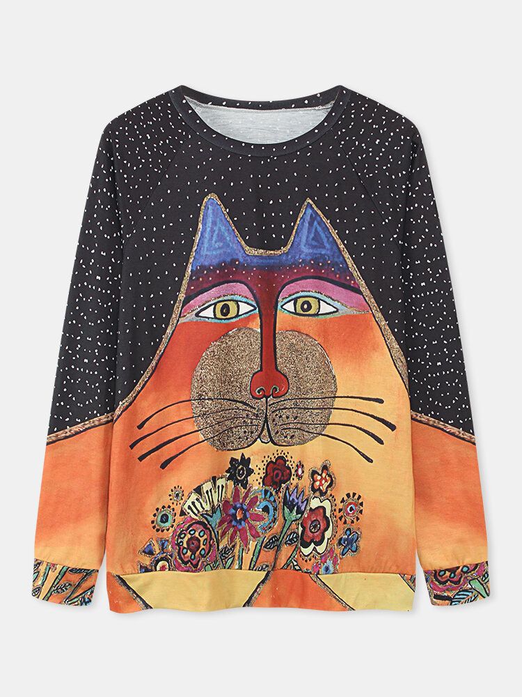 Blusas De Manga Raglán Informal Con Cuello Redondo Y Estampado De Puntos De Gato De Dibujos Animados Para Mujer