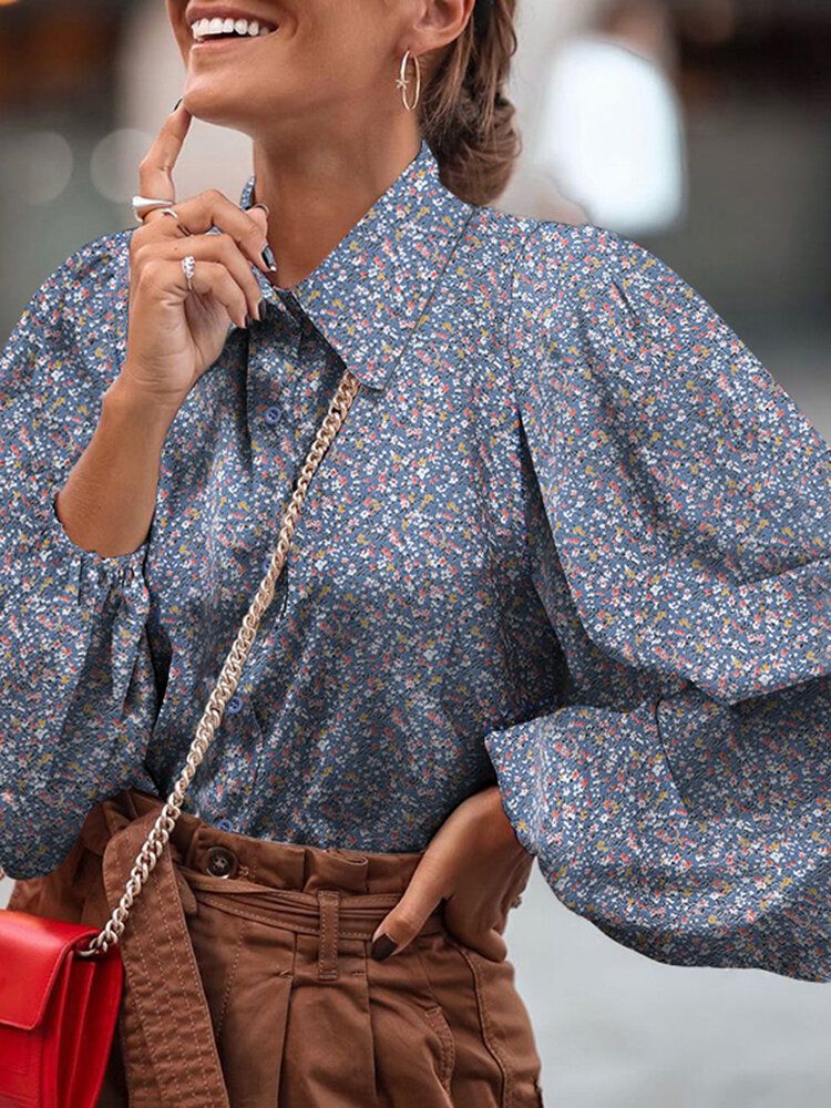 Blusas Retro De Manga De Linterna Con Solapa Y Estampado Floral De Mujer Ditsy