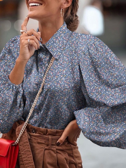 Blusas Retro De Manga De Linterna Con Solapa Y Estampado Floral De Mujer Ditsy