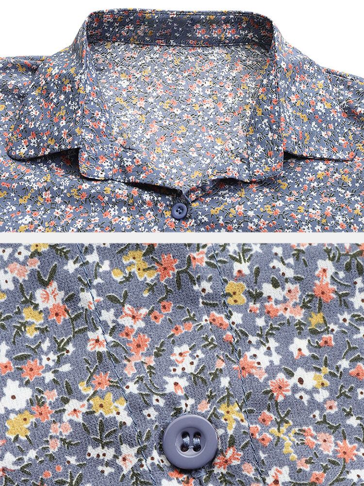 Blusas Retro De Manga De Linterna Con Solapa Y Estampado Floral De Mujer Ditsy