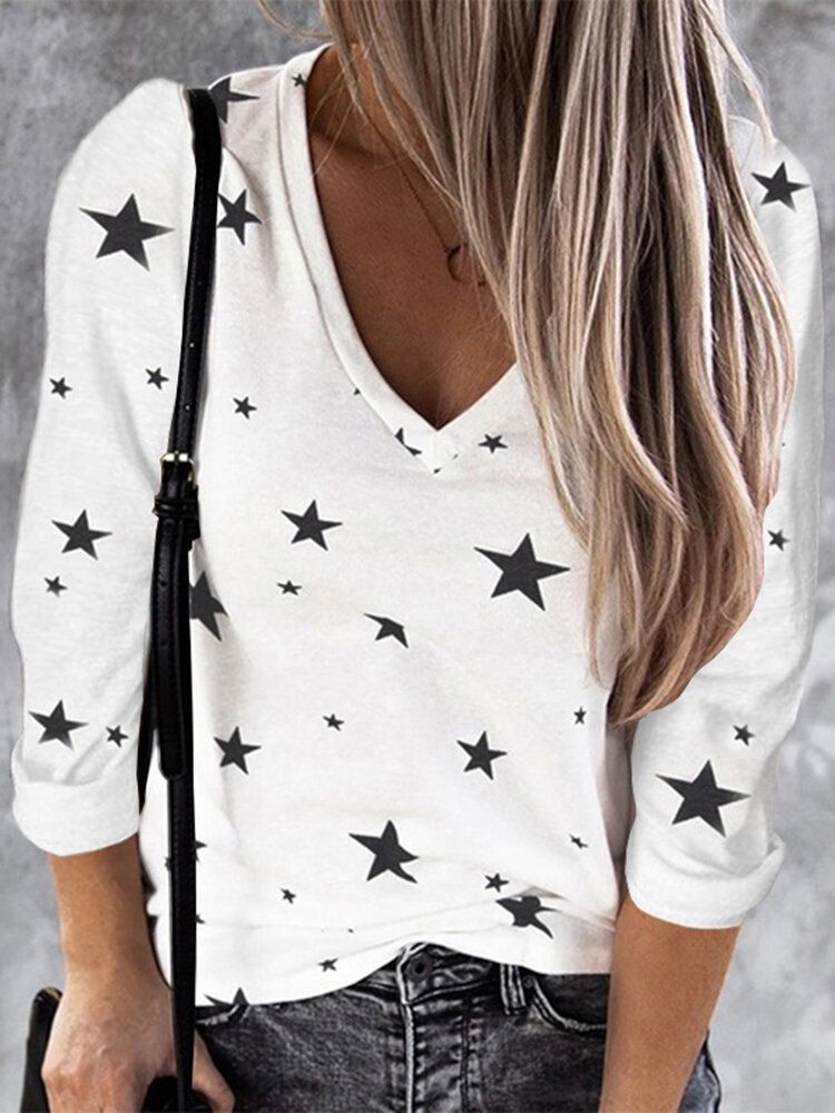 Blusas Simples De Manga Larga Con Cuello En V Y Estampado De Estrellas Para Mujer