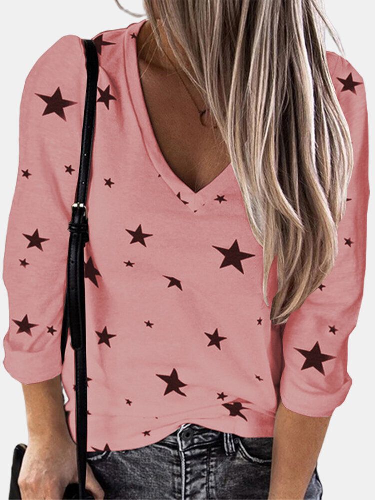 Blusas Simples De Manga Larga Con Cuello En V Y Estampado De Estrellas Para Mujer