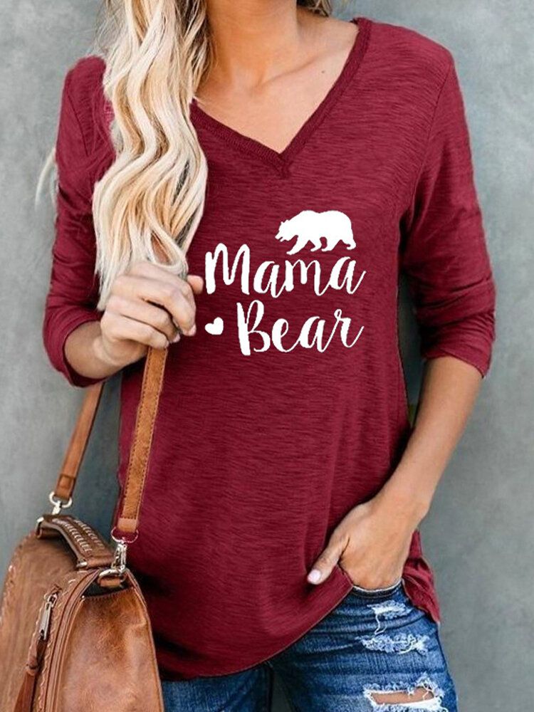 Blusas Simples De Manga Larga Con Cuello En V Y Estampado De Oso Con Letras Para Mujer