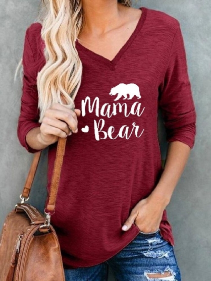 Blusas Simples De Manga Larga Con Cuello En V Y Estampado De Oso Con Letras Para Mujer