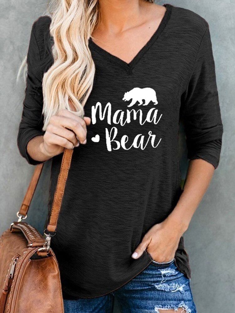 Blusas Simples De Manga Larga Con Cuello En V Y Estampado De Oso Con Letras Para Mujer