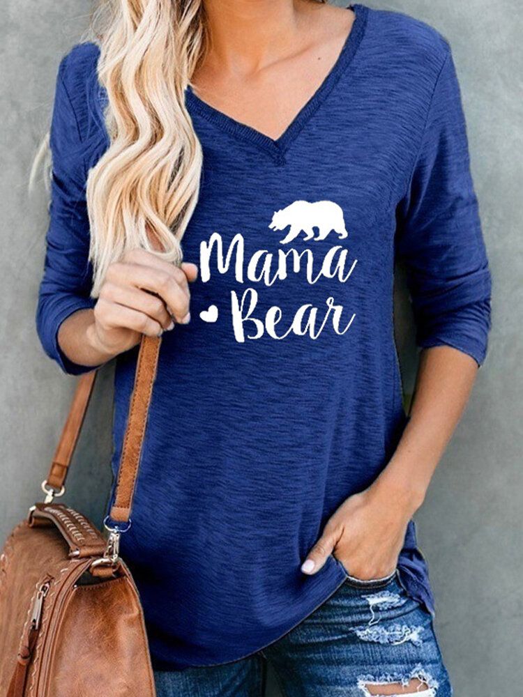 Blusas Simples De Manga Larga Con Cuello En V Y Estampado De Oso Con Letras Para Mujer