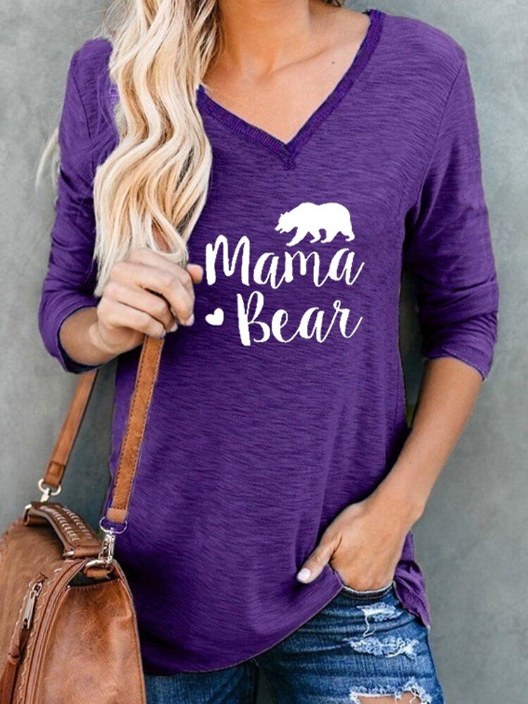 Blusas Simples De Manga Larga Con Cuello En V Y Estampado De Oso Con Letras Para Mujer