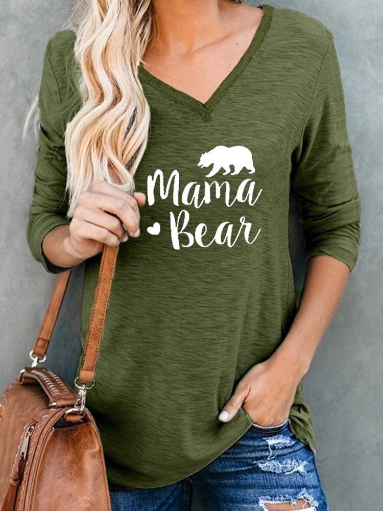 Blusas Simples De Manga Larga Con Cuello En V Y Estampado De Oso Con Letras Para Mujer