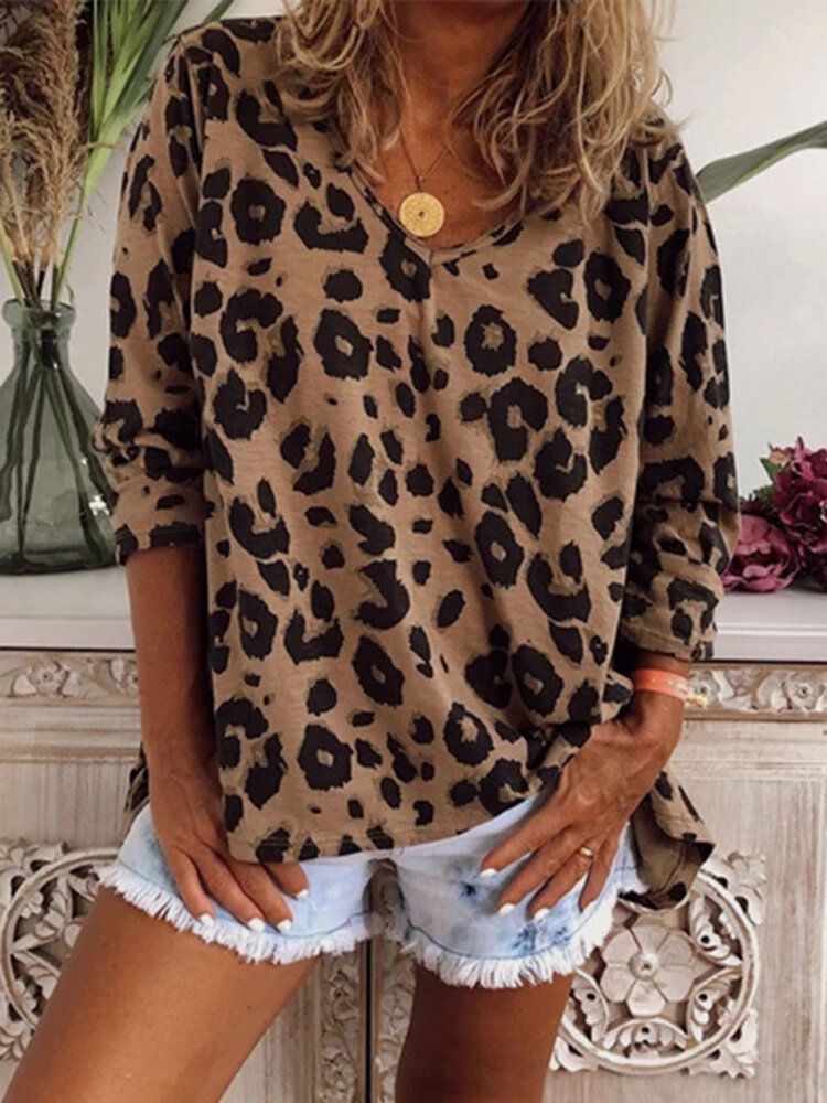 Blusas Sueltas De Manga Larga Con Cuello En V Y Estampado De Leopardo Clásico Para Mujer