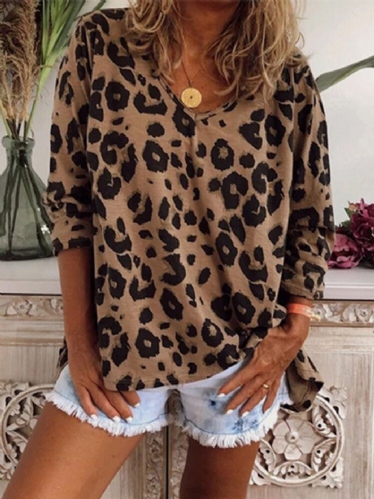 Blusas Sueltas De Manga Larga Con Cuello En V Y Estampado De Leopardo Clásico Para Mujer