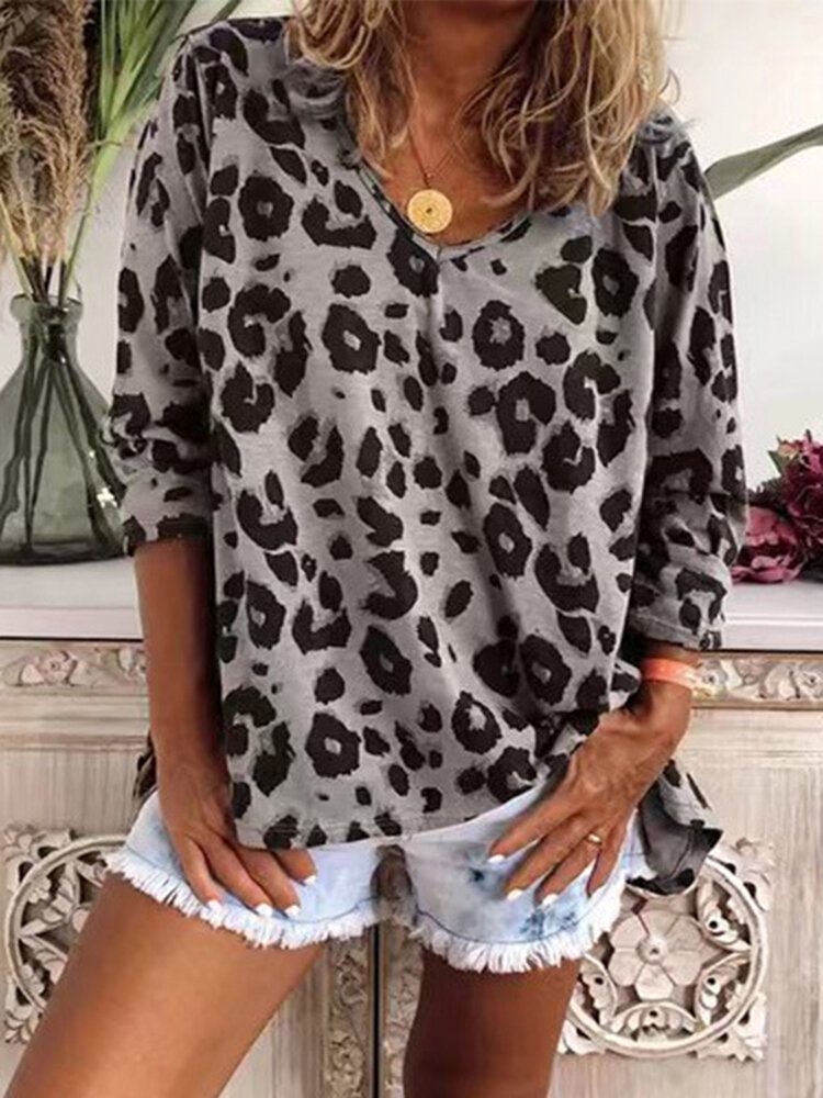 Blusas Sueltas De Manga Larga Con Cuello En V Y Estampado De Leopardo Clásico Para Mujer