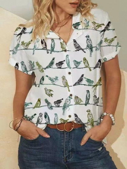 Blusas Vintage Con Cuello De Solapa Y Manga Corta Con Estampado De Pájaros Para Mujer