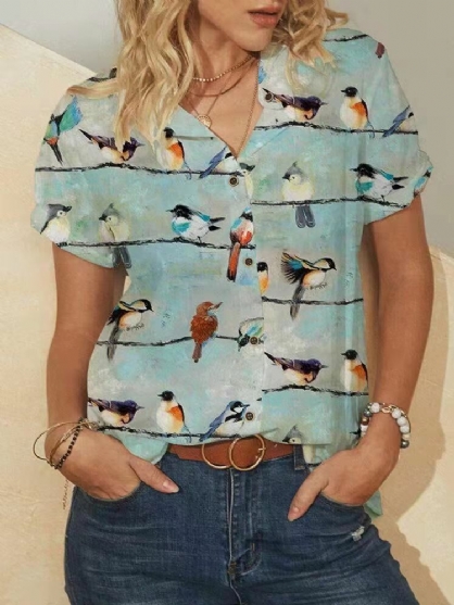 Blusas Vintage Con Cuello De Solapa Y Manga Corta Con Estampado De Pájaros Para Mujer