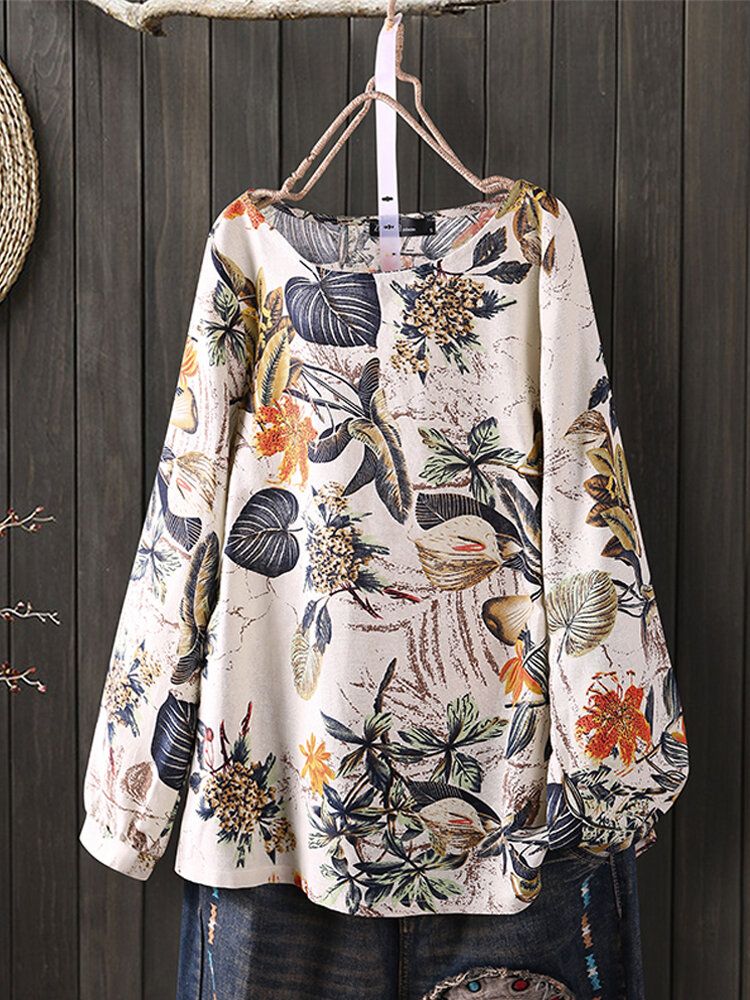 Blusas Vintage Holgadas De Manga Larga Con Cuello Redondo Y Estampado Floral De Planta De Algodón Para Mujer